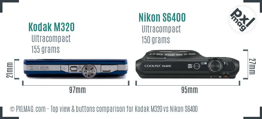 Kodak M320 vs Nikon S6400 top view buttons comparison