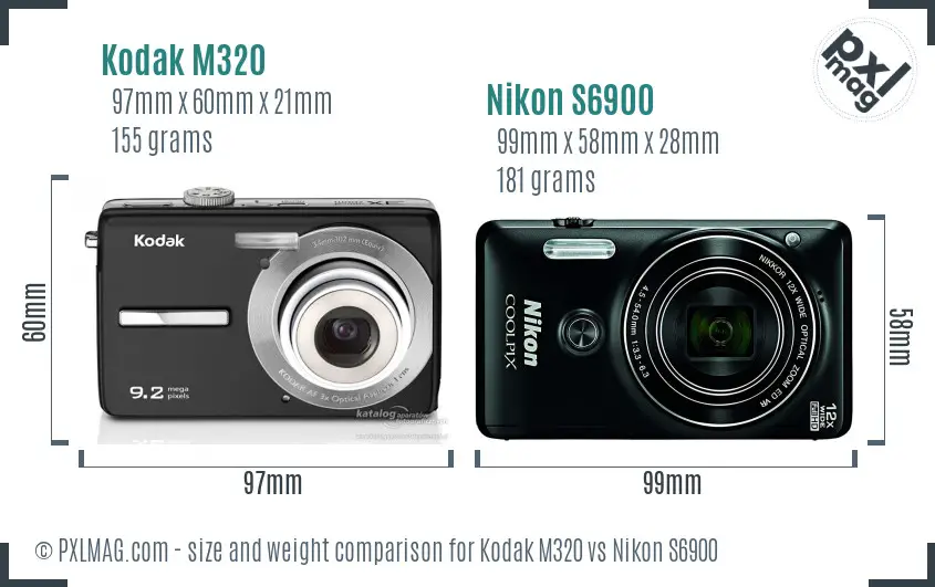 Kodak M320 vs Nikon S6900 size comparison