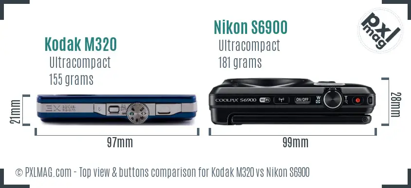 Kodak M320 vs Nikon S6900 top view buttons comparison