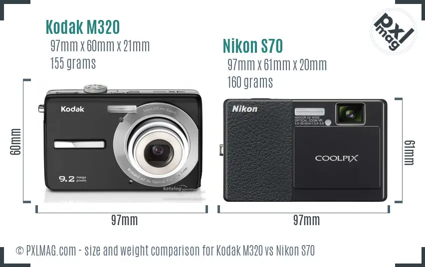 Kodak M320 vs Nikon S70 size comparison