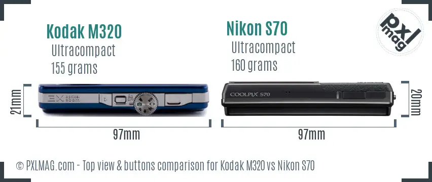 Kodak M320 vs Nikon S70 top view buttons comparison