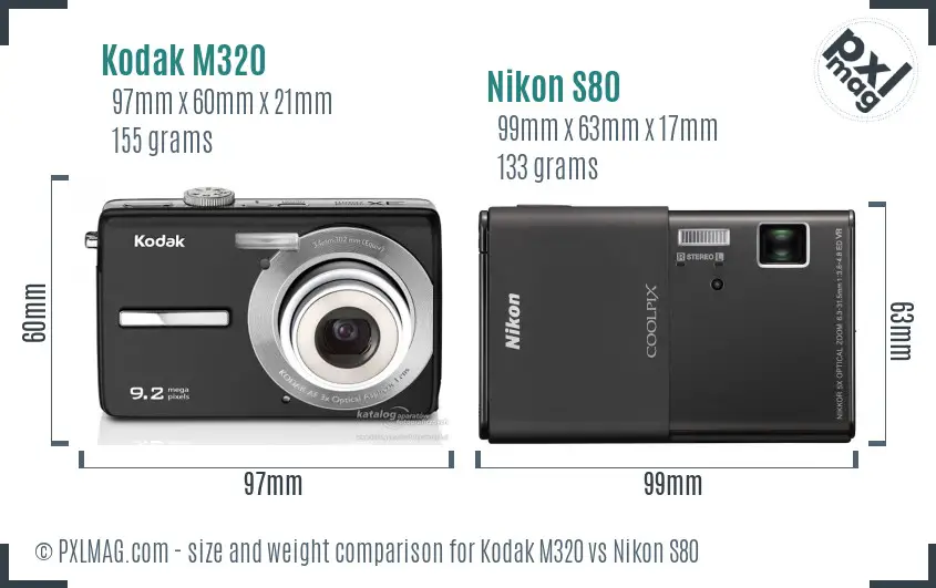 Kodak M320 vs Nikon S80 size comparison