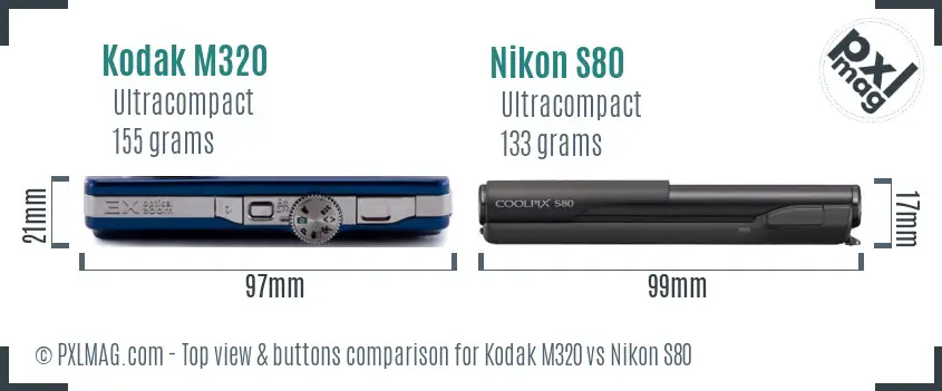 Kodak M320 vs Nikon S80 top view buttons comparison
