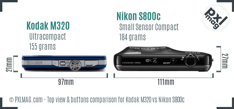 Kodak M320 vs Nikon S800c top view buttons comparison
