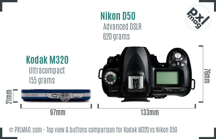 Kodak M320 vs Nikon D50 top view buttons comparison