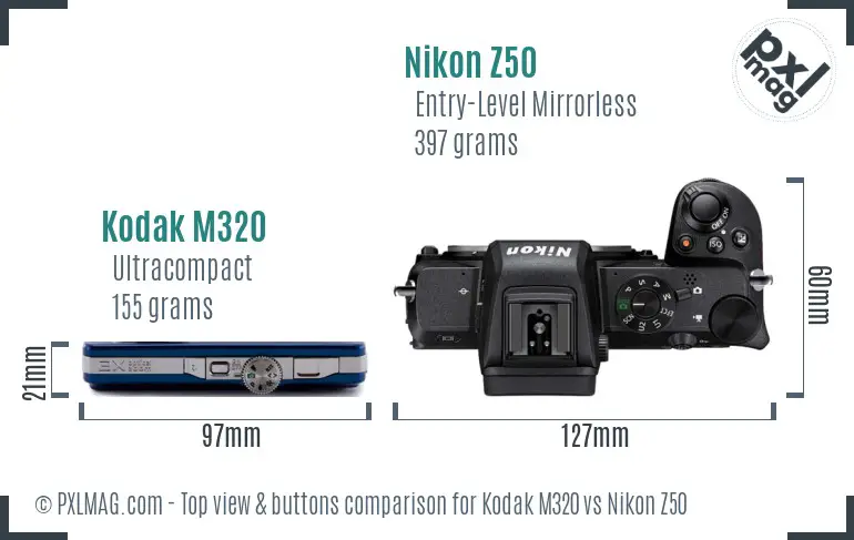 Kodak M320 vs Nikon Z50 top view buttons comparison