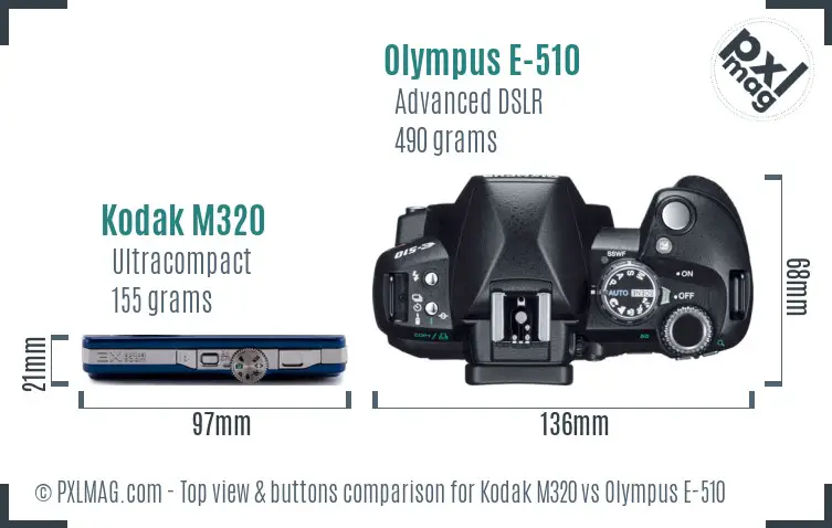 Kodak M320 vs Olympus E-510 top view buttons comparison Kodak M320 vs Olympus E-510 top view buttons comparison