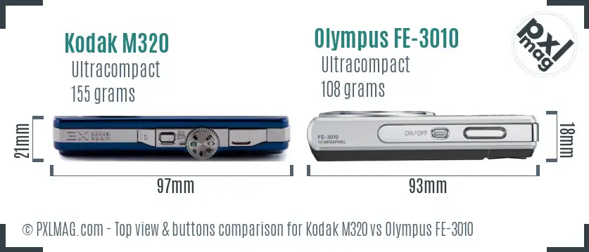 Kodak M320 vs Olympus FE-3010 top view buttons comparison