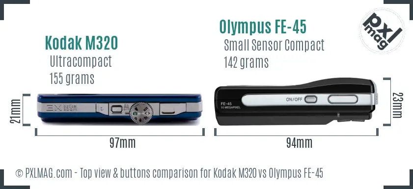 Kodak M320 vs Olympus FE-45 top view buttons comparison