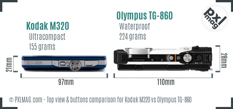 Kodak M320 vs Olympus TG-860 top view buttons comparison