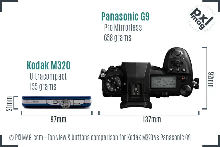 Kodak M320 vs Panasonic G9 top view buttons comparison