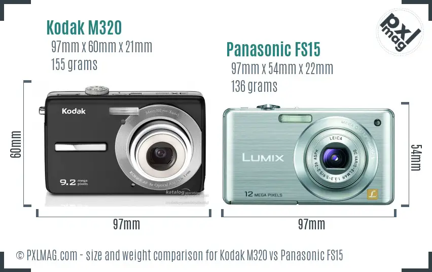 Kodak M320 vs Panasonic FS15 size comparison