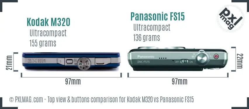Kodak M320 vs Panasonic FS15 top view buttons comparison