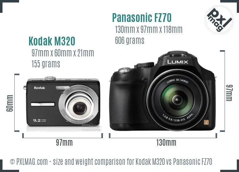 Kodak M320 vs Panasonic FZ70 size comparison