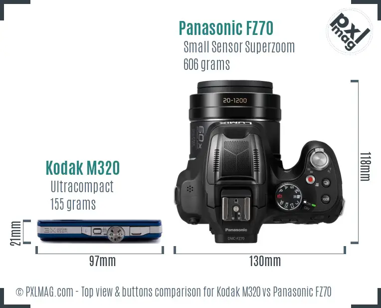 Kodak M320 vs Panasonic FZ70 top view buttons comparison