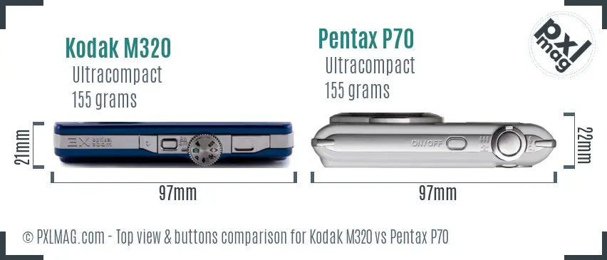 Kodak M320 vs Pentax P70 top view buttons comparison