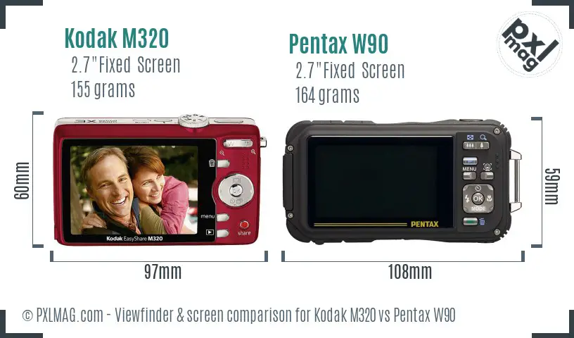 Kodak M320 vs Pentax W90 Screen and Viewfinder comparison