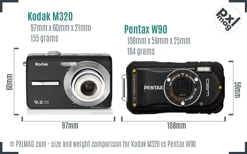 Kodak M320 vs Pentax W90 size comparison