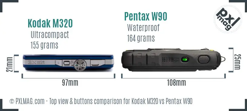 Kodak M320 vs Pentax W90 top view buttons comparison