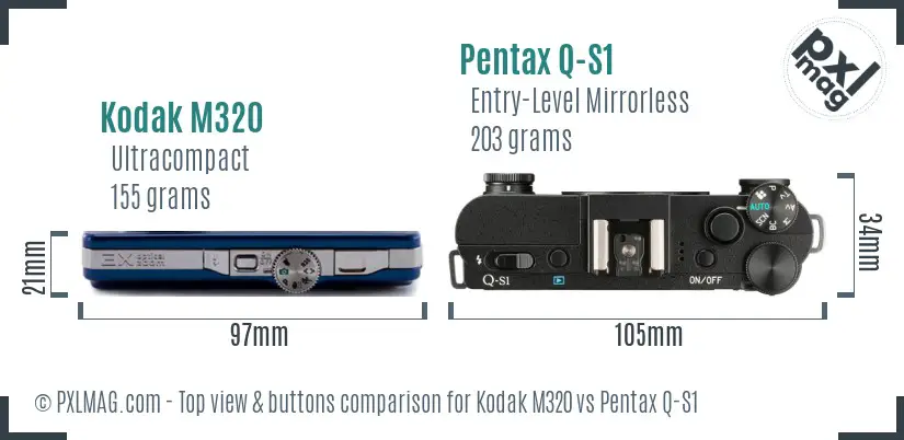 Kodak M320 vs Pentax Q-S1 top view buttons comparison
