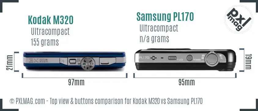 Kodak M320 vs Samsung PL170 top view buttons comparison Kodak M320 vs Samsung PL170 top view buttons comparison