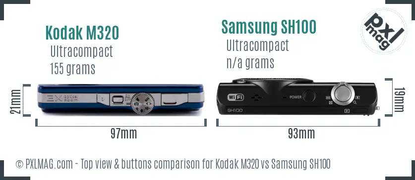 Kodak M320 vs Samsung SH100 top view buttons comparison Kodak M320 vs Samsung SH100 top view buttons comparison