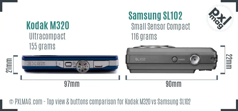 Kodak M320 vs Samsung SL102 top view buttons comparison