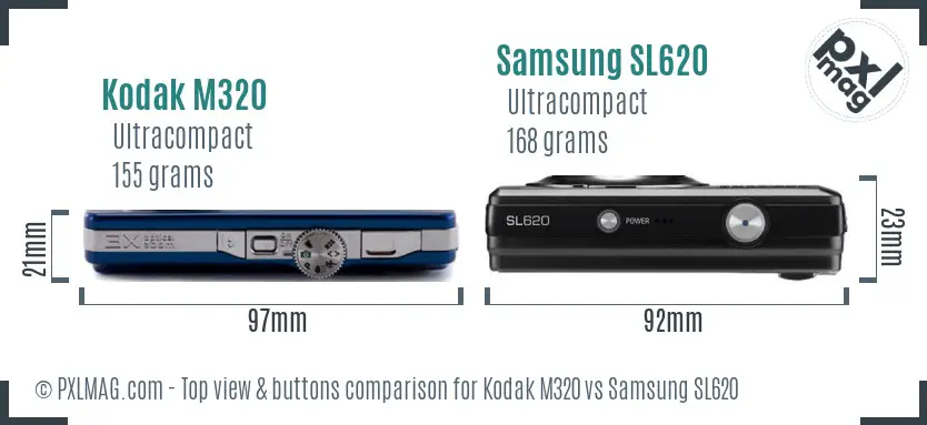 Kodak M320 vs Samsung SL620 top view buttons comparison Kodak M320 vs Samsung SL620 top view buttons comparison