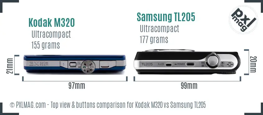 Kodak M320 vs Samsung TL205 top view buttons comparison