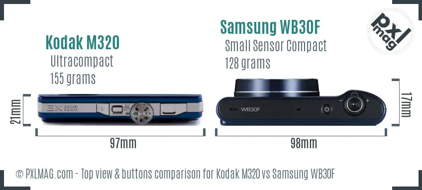 Kodak M320 vs Samsung WB30F top view buttons comparison