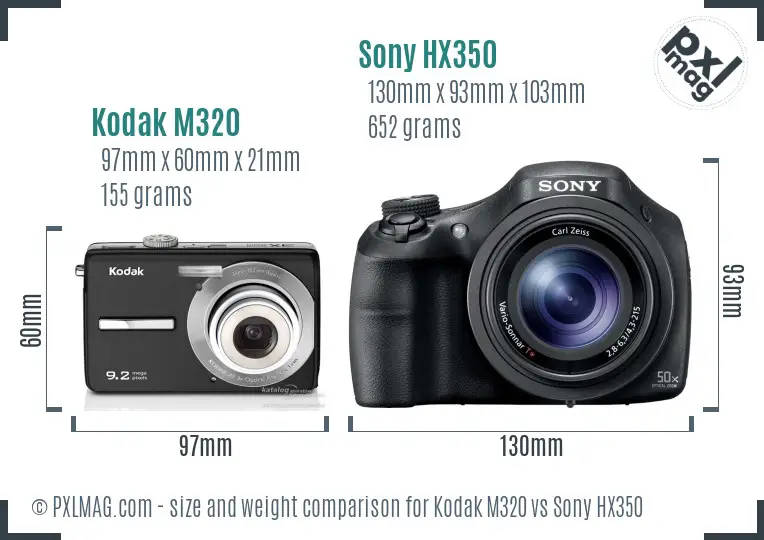 Kodak M320 vs Sony HX350 size comparison