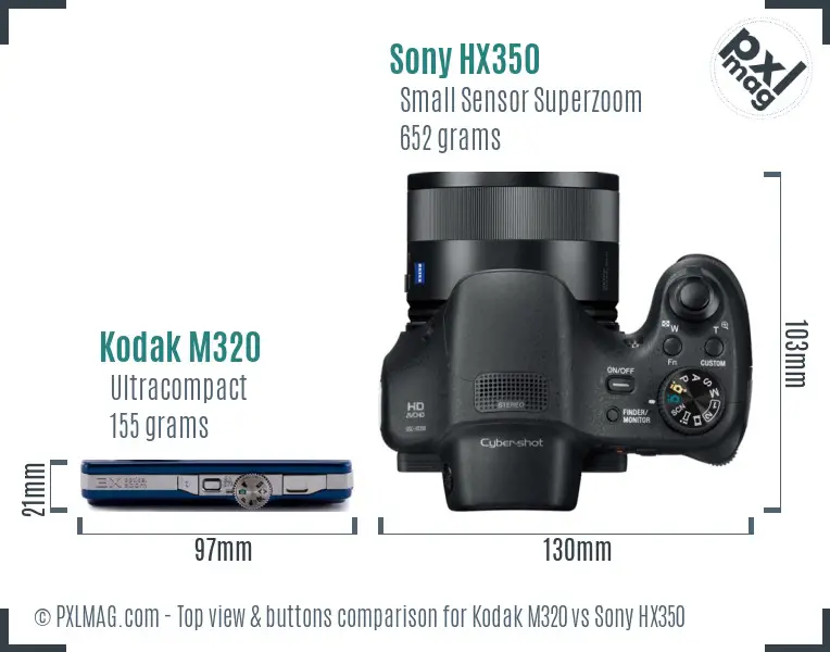 Kodak M320 vs Sony HX350 top view buttons comparison
