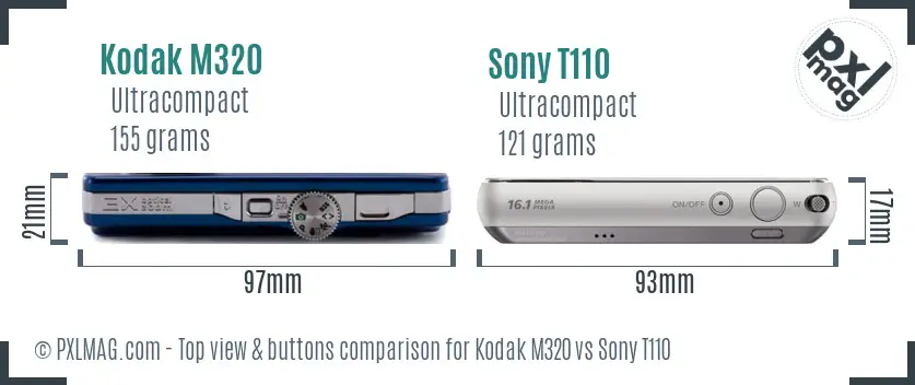 Kodak M320 vs Sony T110 top view buttons comparison Kodak M320 vs Sony T110 top view buttons comparison