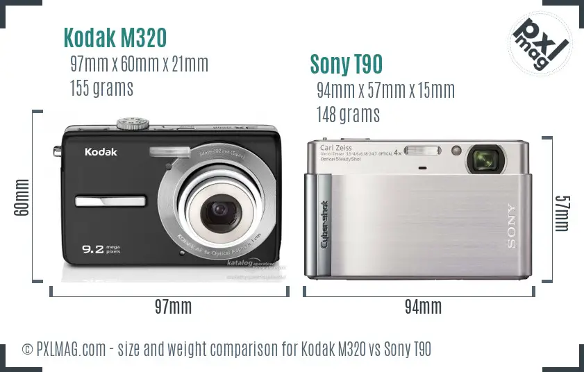 Kodak M320 vs Sony T90 size comparison