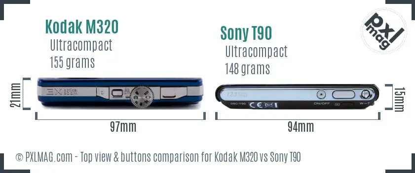 Kodak M320 vs Sony T90 top view buttons comparison