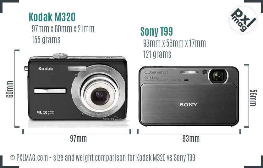Kodak M320 vs Sony T99 size comparison