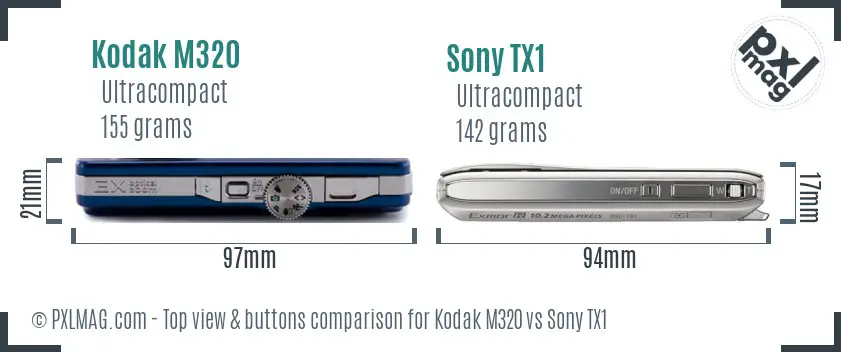 Kodak M320 vs Sony TX1 top view buttons comparison