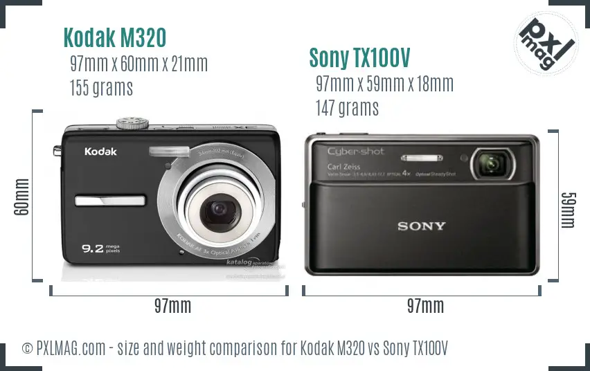 Kodak M320 vs Sony TX100V size comparison