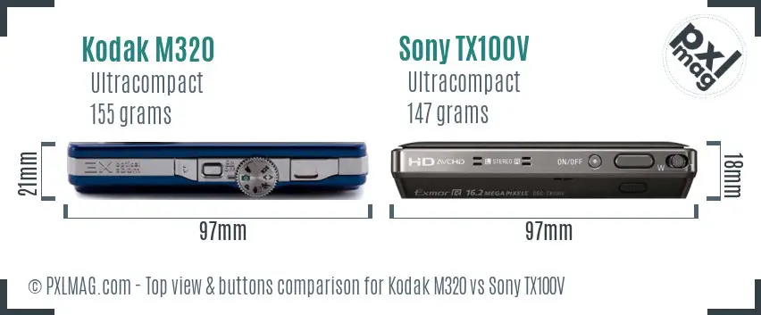 Kodak M320 vs Sony TX100V top view buttons comparison