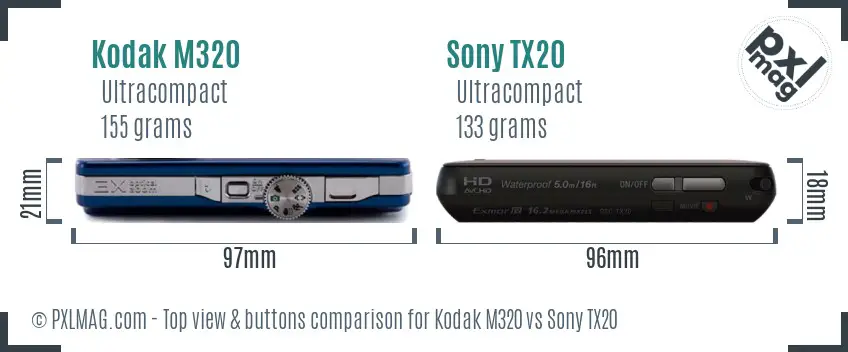 Kodak M320 vs Sony TX20 top view buttons comparison