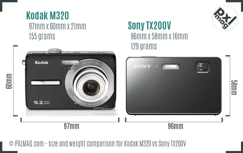 Kodak M320 vs Sony TX200V size comparison