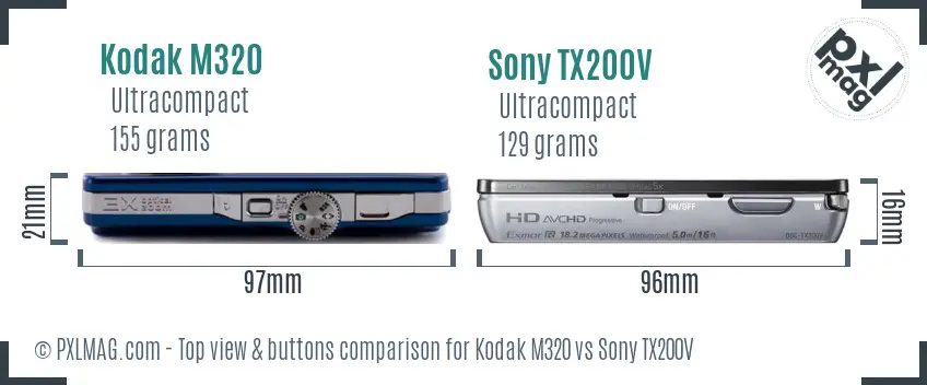 Kodak M320 vs Sony TX200V top view buttons comparison