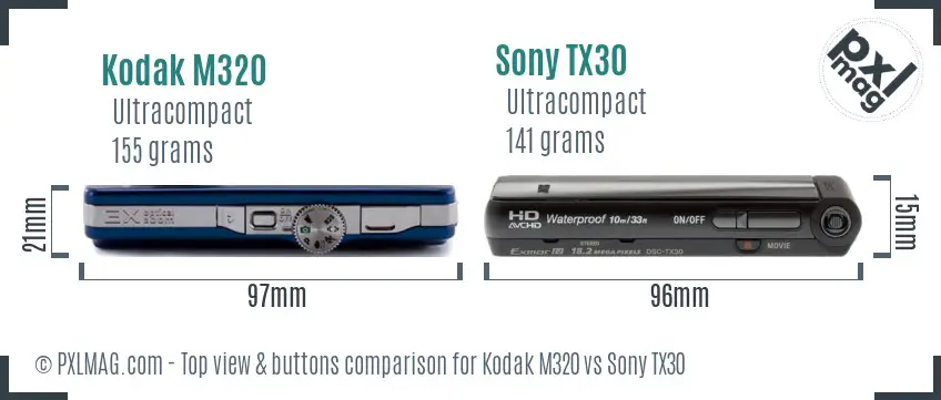 Kodak M320 vs Sony TX30 top view buttons comparison