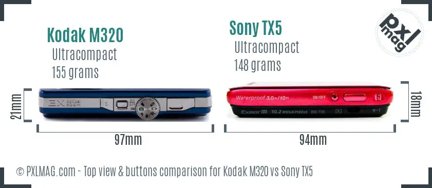 Kodak M320 vs Sony TX5 top view buttons comparison