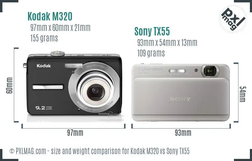 Kodak M320 vs Sony TX55 size comparison