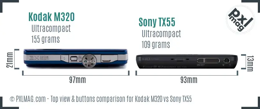 Kodak M320 vs Sony TX55 top view buttons comparison