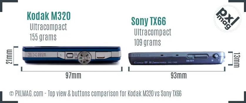 Kodak M320 vs Sony TX66 top view buttons comparison