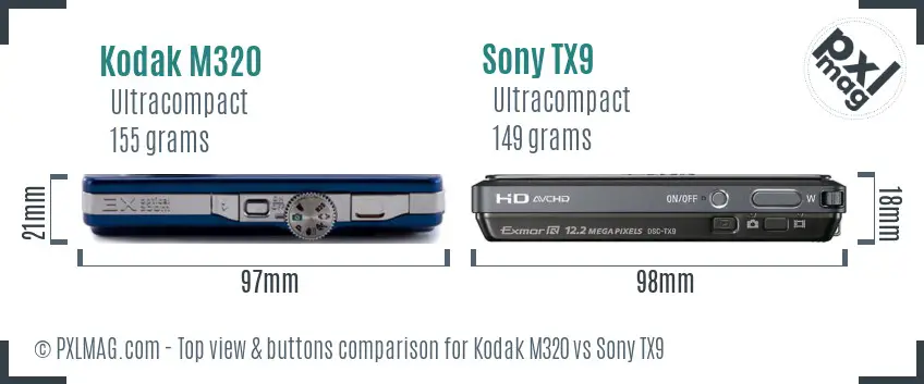Kodak M320 vs Sony TX9 top view buttons comparison Kodak M320 vs Sony TX9 top view buttons comparison