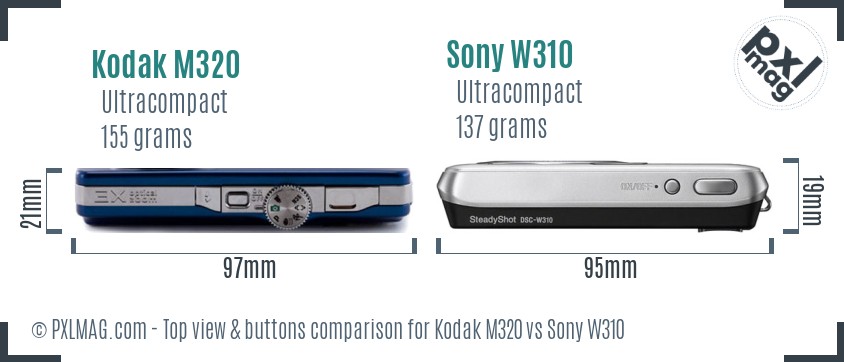 Kodak M320 vs Sony W310 top view buttons comparison