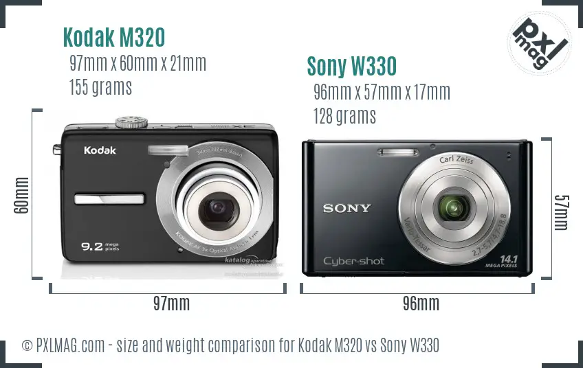 Kodak M320 vs Sony W330 size comparison